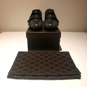 Gucci Mens Black Leather/GG Denim Canvas Sneakers 7.5